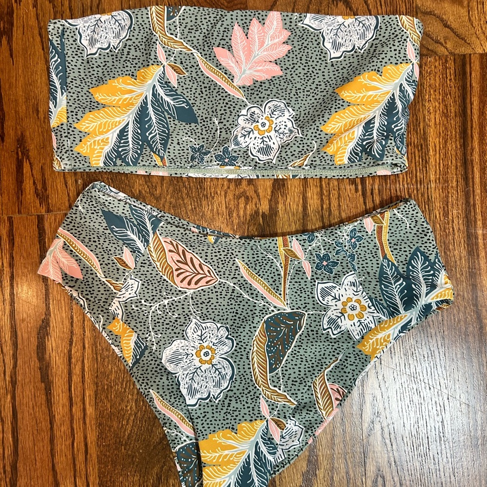 Floral Bandeau Bikini Set in Sage with Yellow & Pink Accents